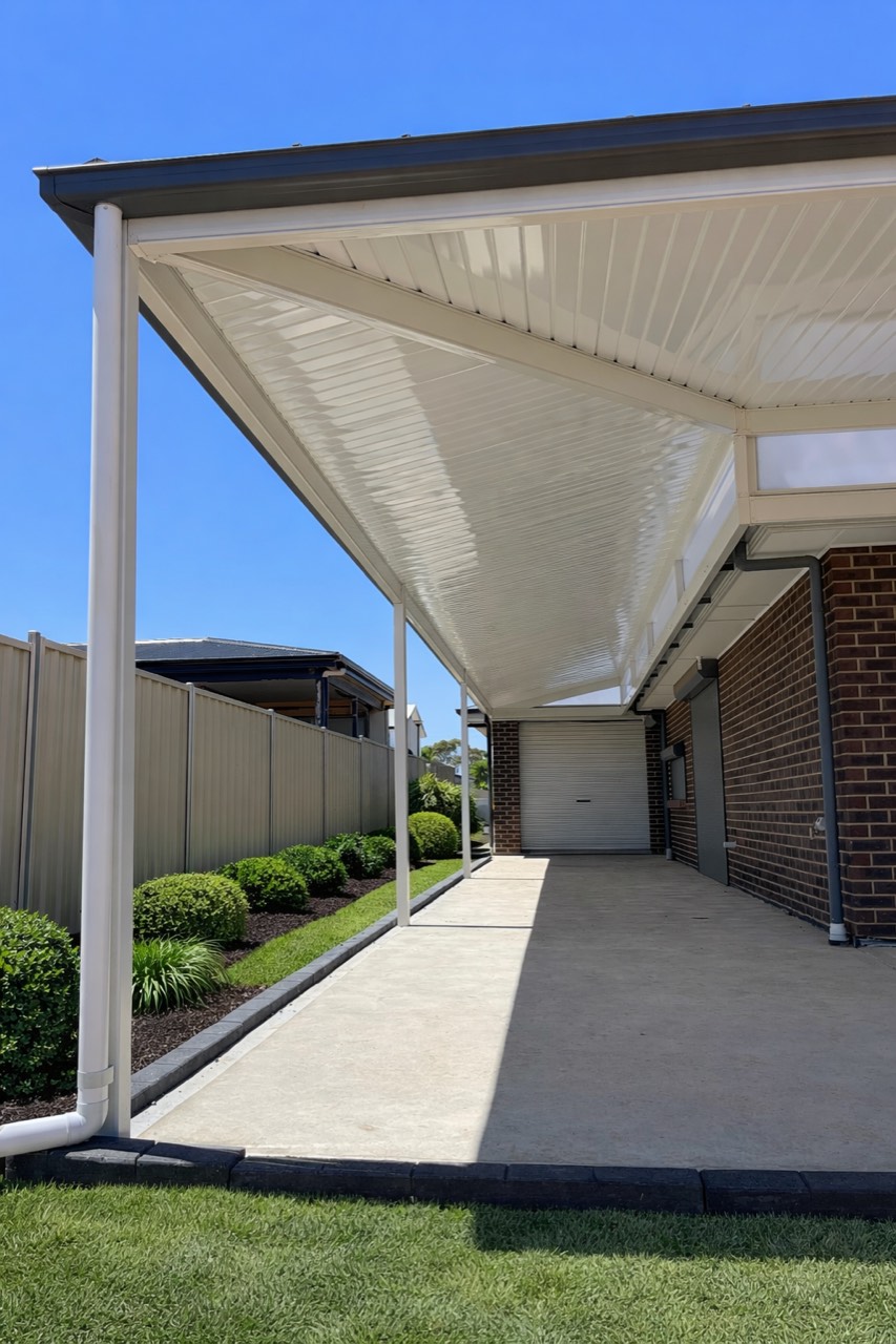 Flyover verandah with a white ribbed ceiling lifted above the gutter of a brick home, covering a driveway